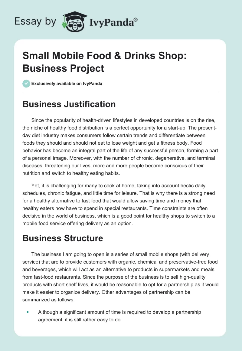 Small Mobile Food & Drinks Shop: Business Project. Page 1