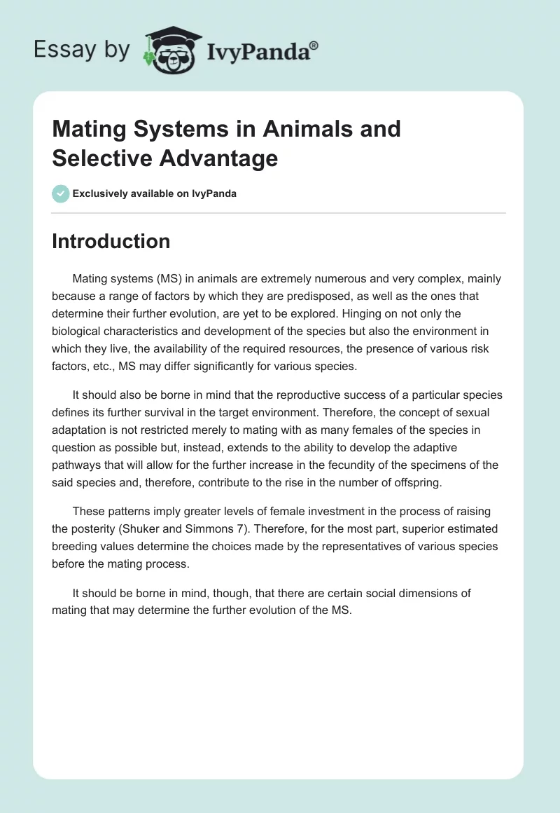 Mating Systems in Animals and Selective Advantage. Page 1