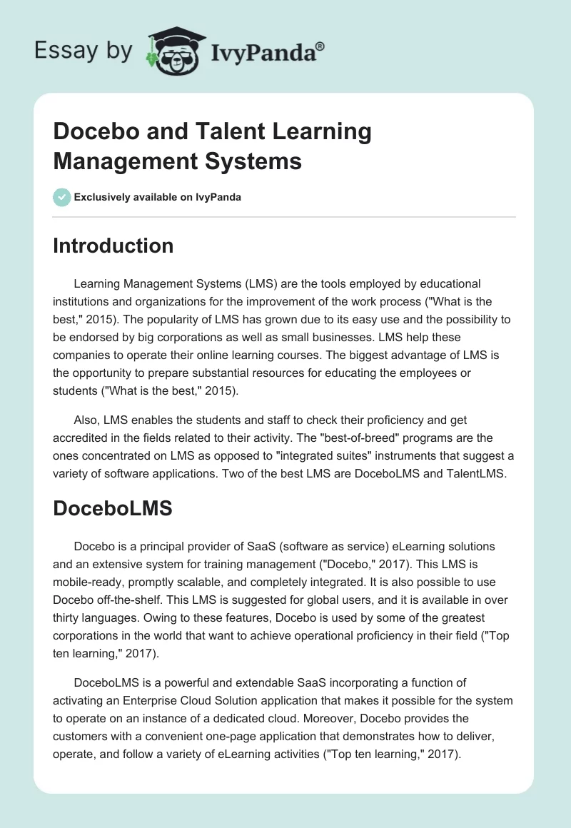 Docebo and Talent Learning Management Systems. Page 1
