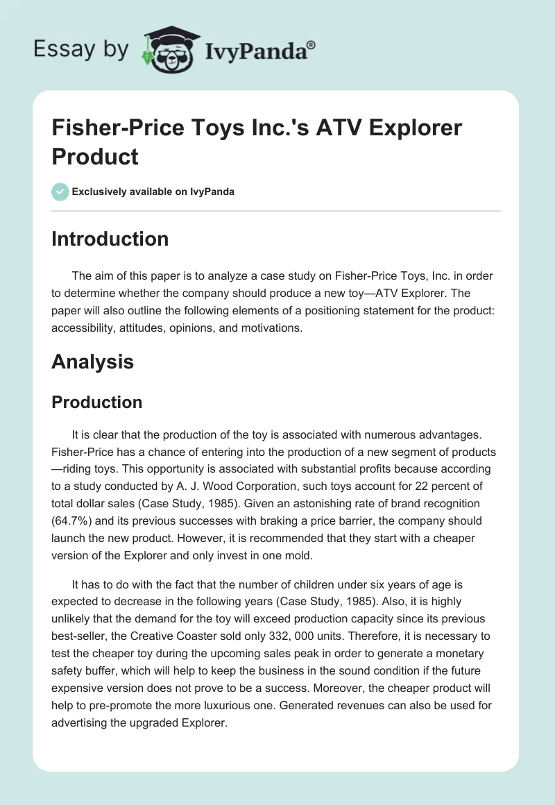 Fisher-Price Toys Inc.'s ATV Explorer Product. Page 1