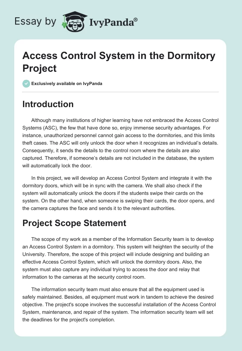 Access Control System in the Dormitory Project. Page 1