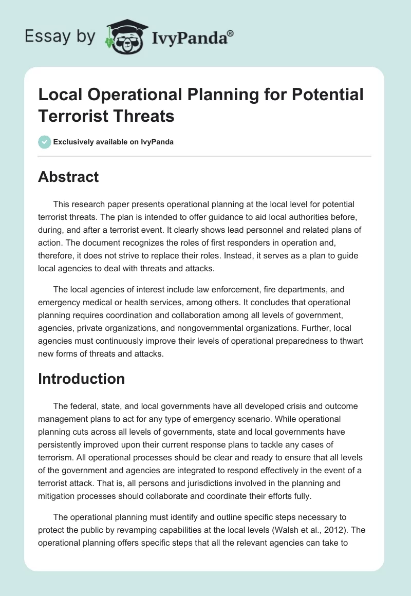 Local Operational Planning for Potential Terrorist Threats. Page 1
