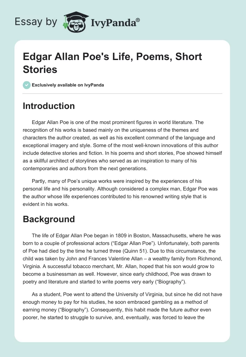 Edgar Allan Poe's Life, Poems, Short Stories. Page 1