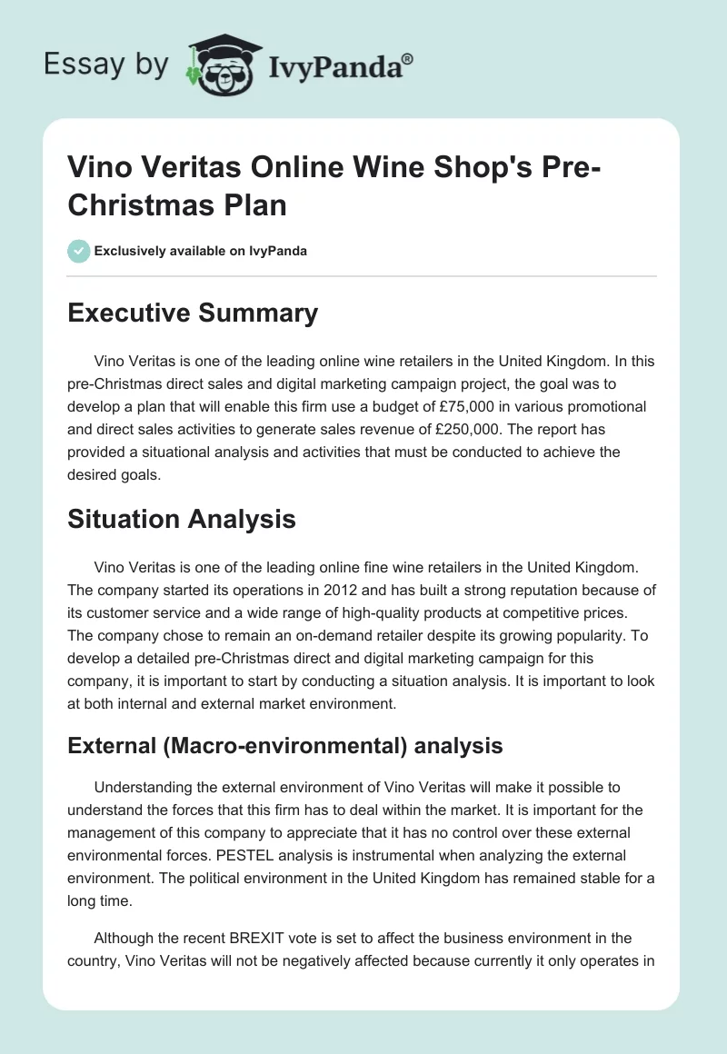 Vino Veritas Online Wine Shop's Pre-Christmas Plan. Page 1