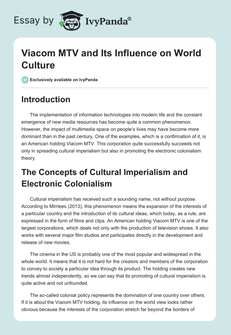Viacom MTV and Its Influence on World Culture. Page 1