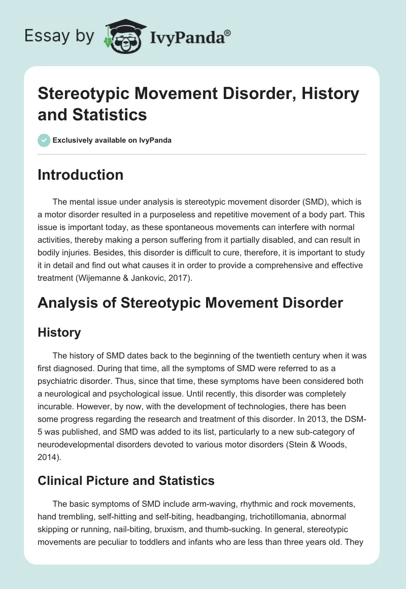 Stereotypic Movement Disorder, History and Statistics. Page 1