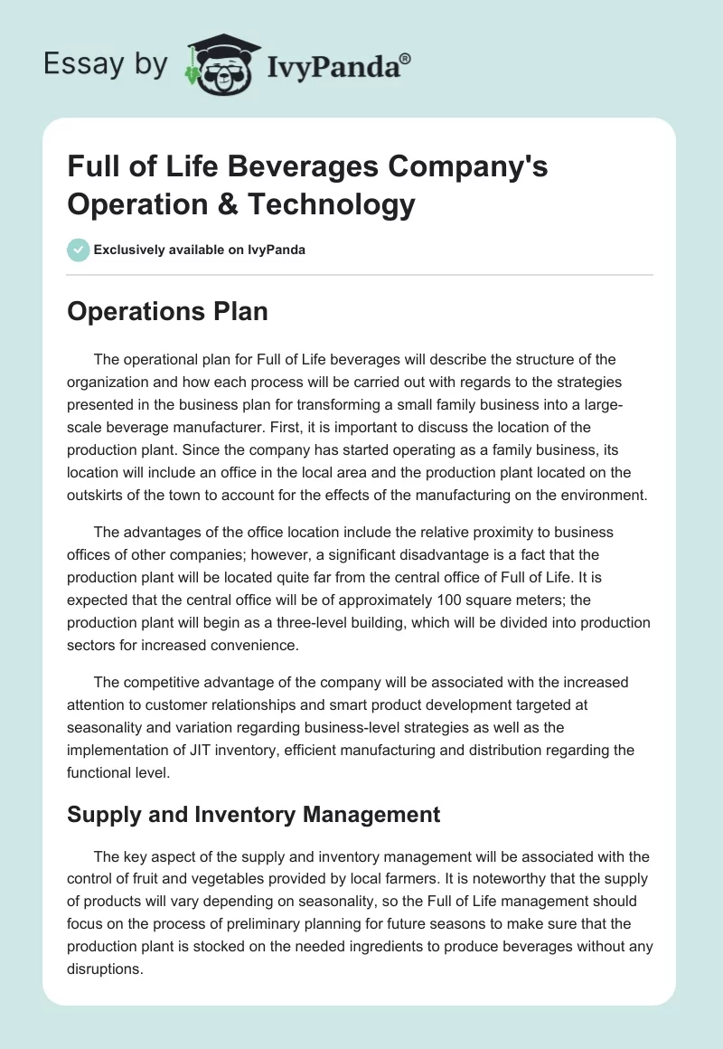 Full of Life Beverages Company's Operation & Technology. Page 1