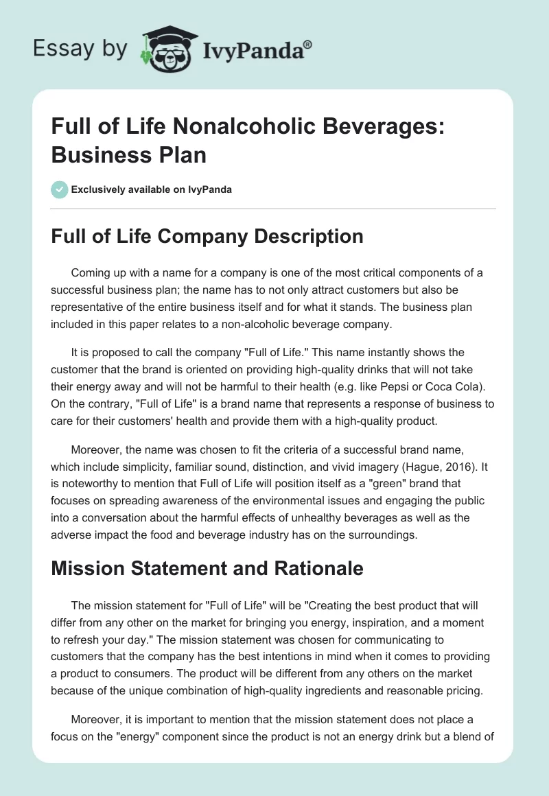 Full of Life Nonalcoholic Beverages: Business Plan. Page 1