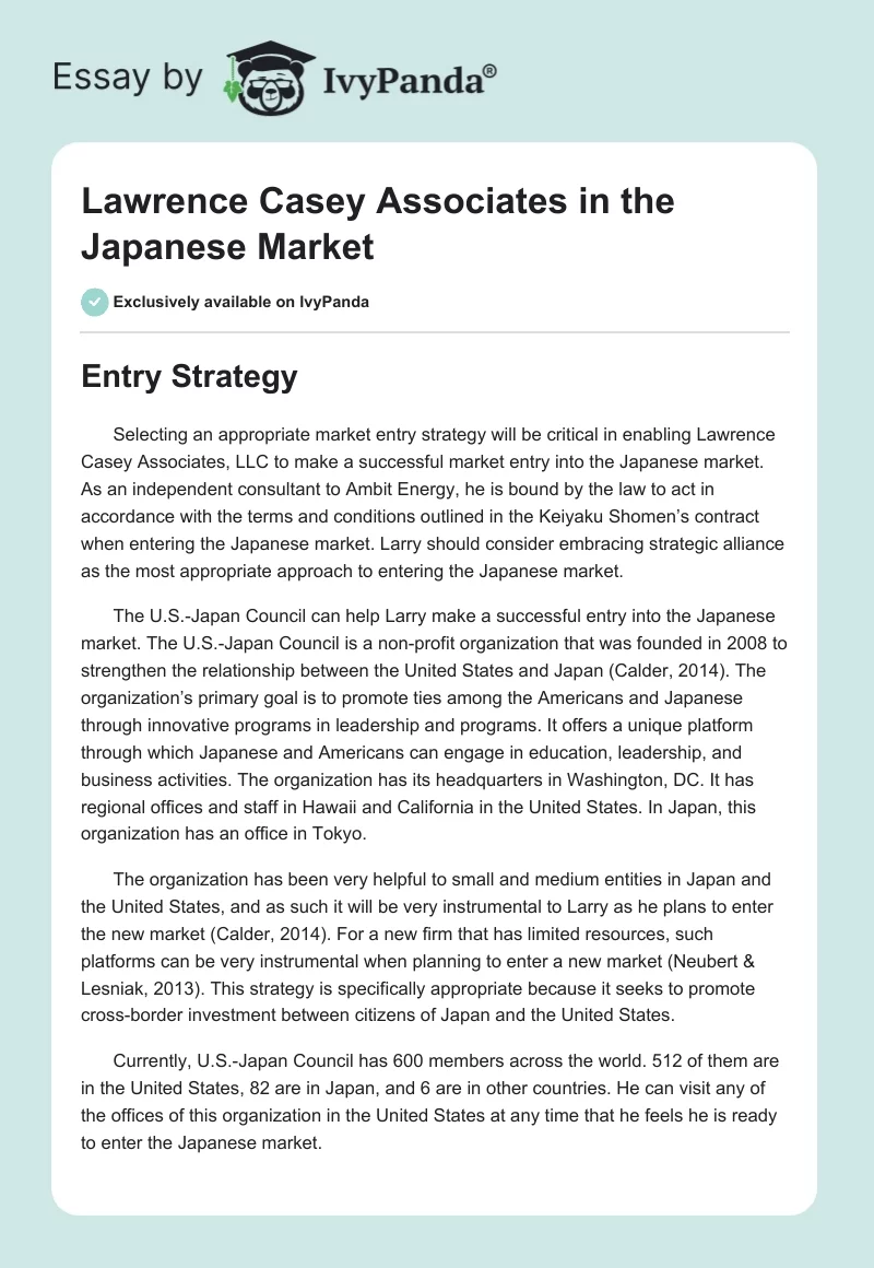 Lawrence Casey Associates in the Japanese Market. Page 1
