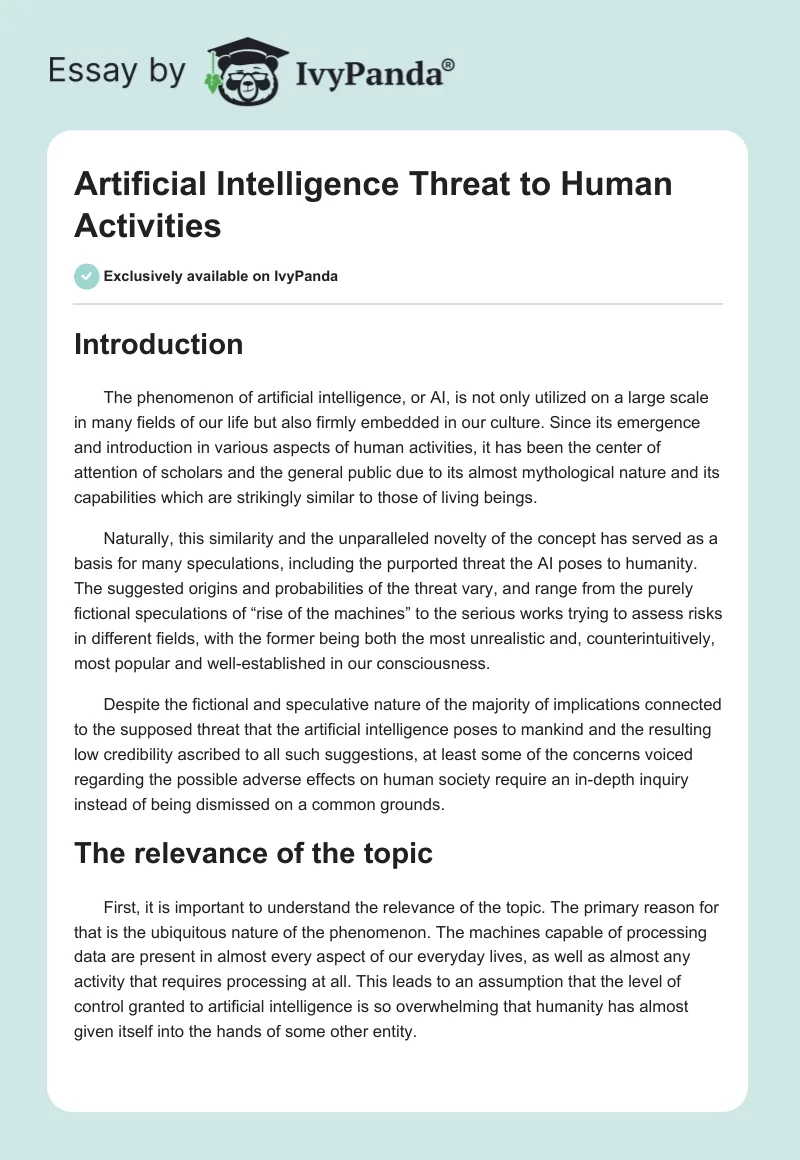 Artificial Intelligence Threat to Human Activities. Page 1