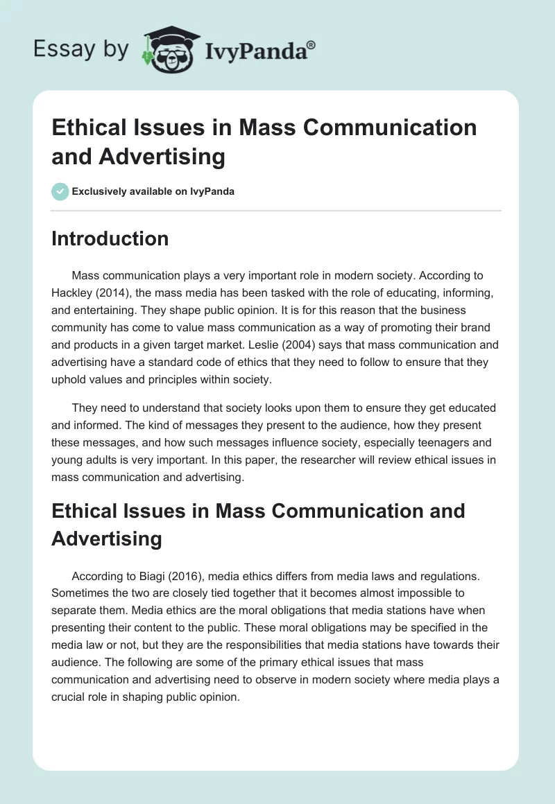 Ethical Issues in Mass Communication and Advertising. Page 1