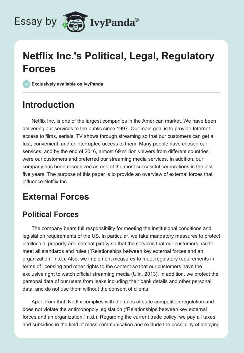 Netflix Inc.'s Political, Legal, Regulatory Forces. Page 1