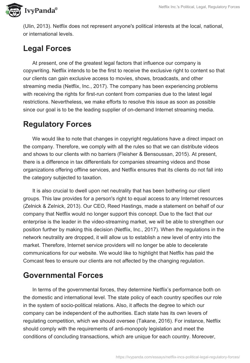 Netflix Inc.'s Political, Legal, Regulatory Forces. Page 2