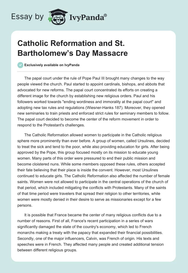 Catholic Reformation and St. Bartholomew’s Day Massacre. Page 1
