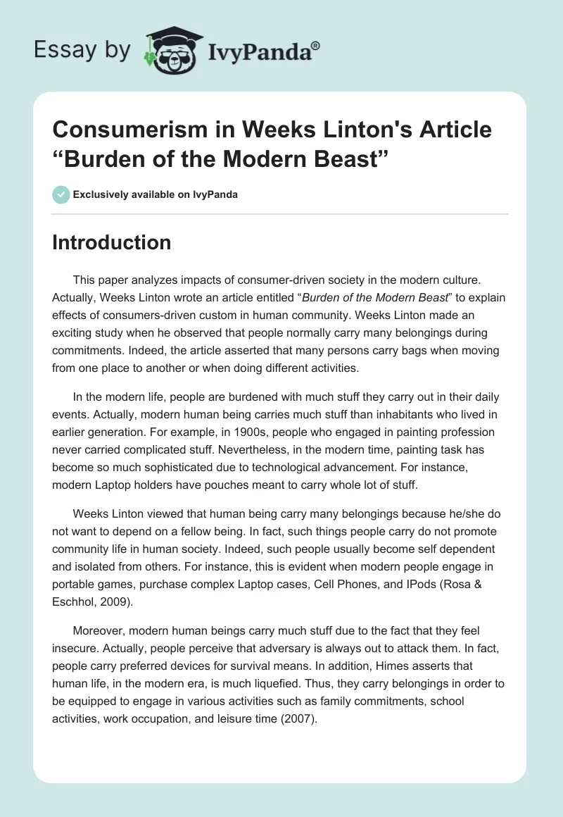 Consumerism in Weeks Linton's Article “Burden of the Modern Beast”. Page 1