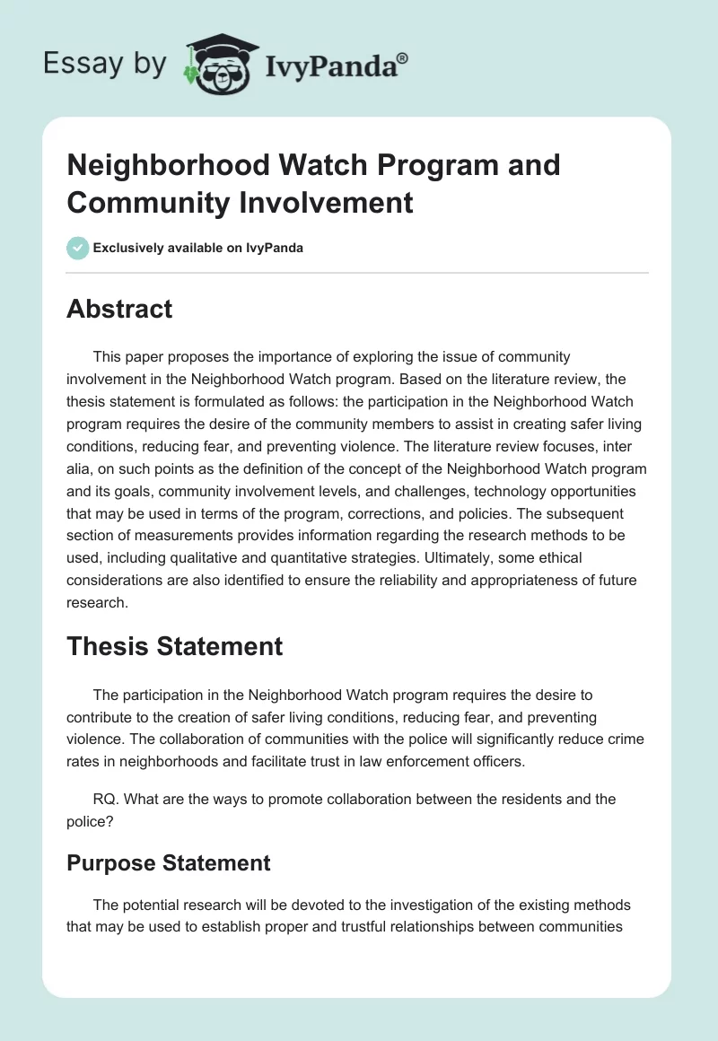Neighborhood Watch Program and Community Involvement. Page 1