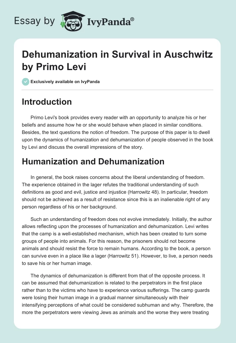 Dehumanization in "Survival in Auschwitz" by Primo Levi. Page 1