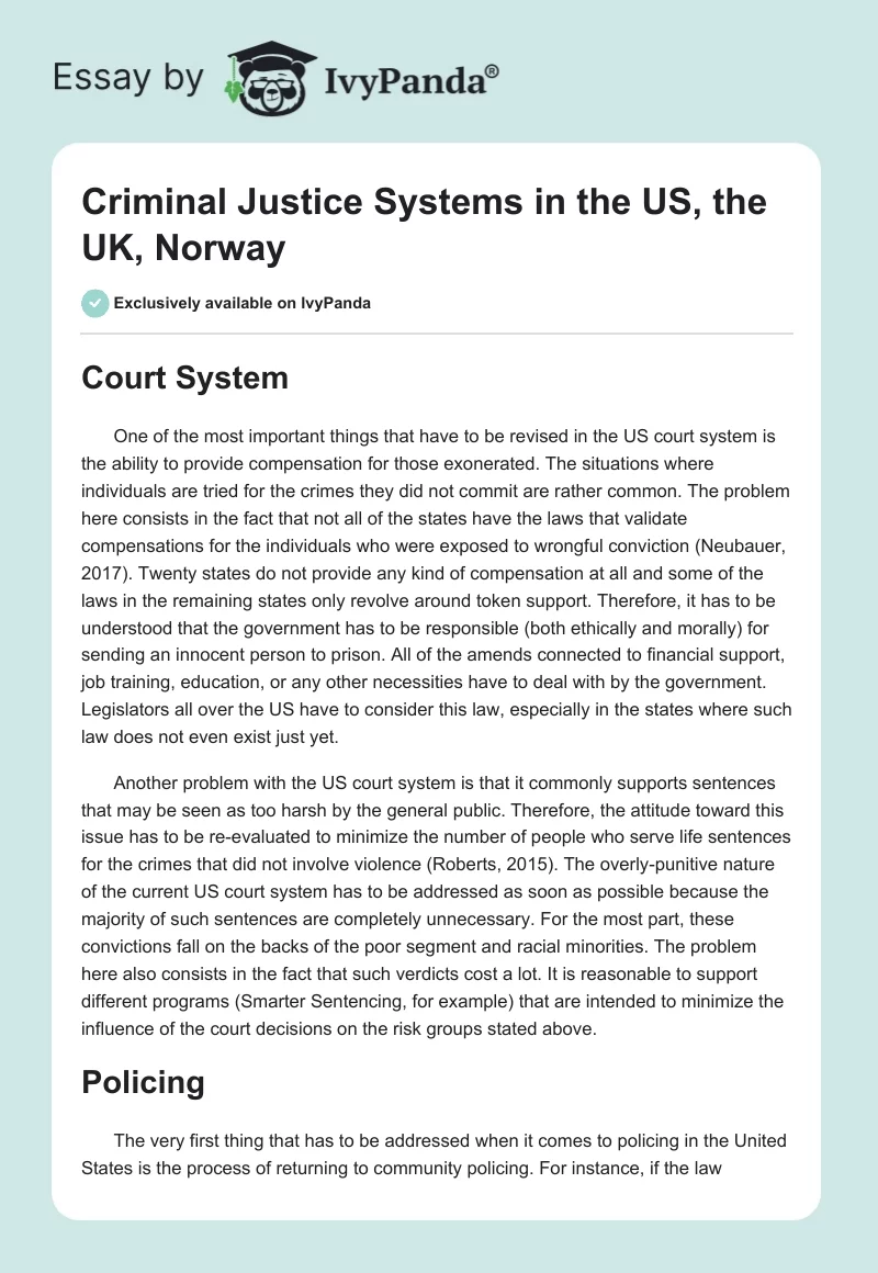 Criminal Justice Systems in the US, the UK, Norway. Page 1