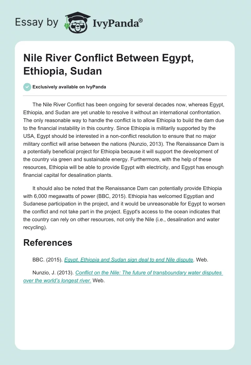 Nile River Conflict Between Egypt, Ethiopia, Sudan. Page 1