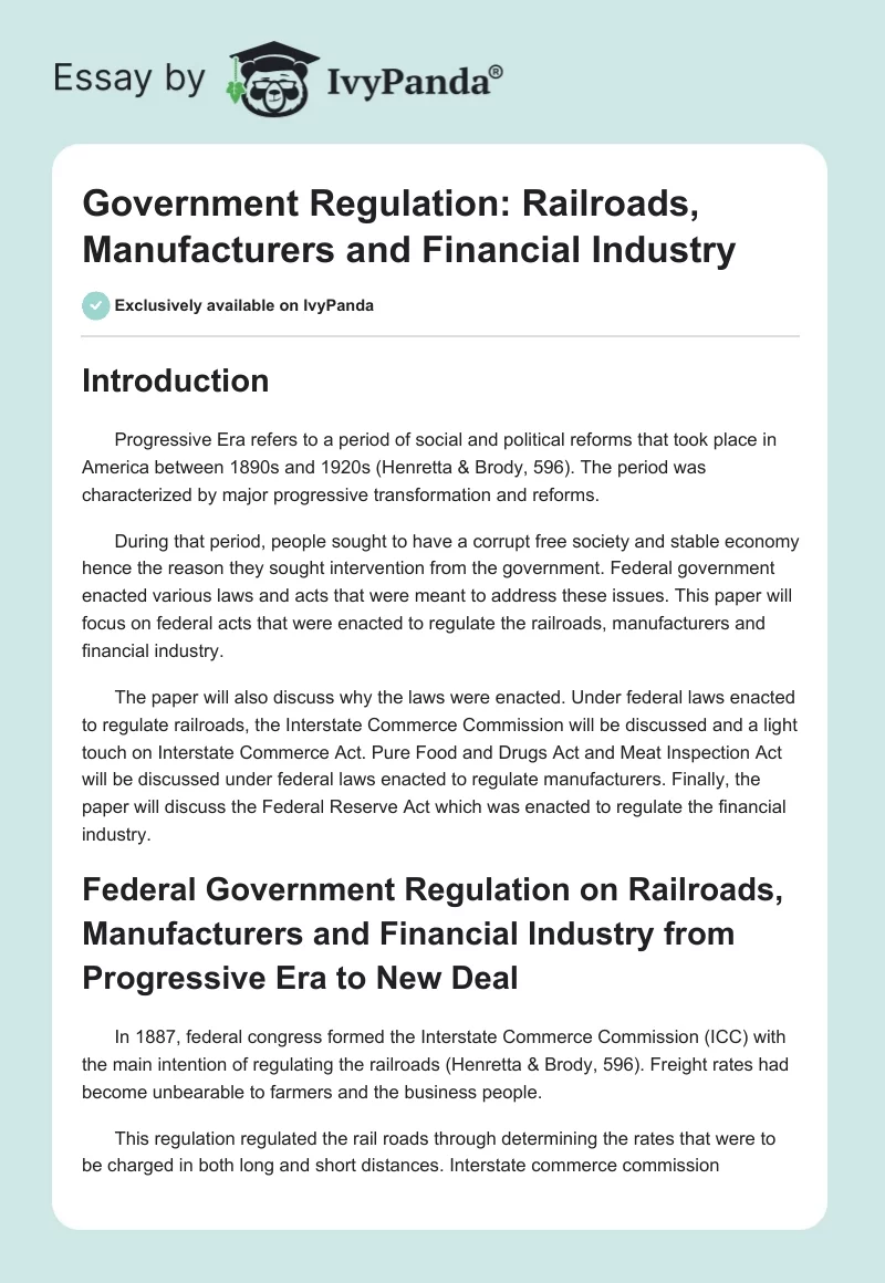 Government Regulation: Railroads, Manufacturers and Financial Industry. Page 1