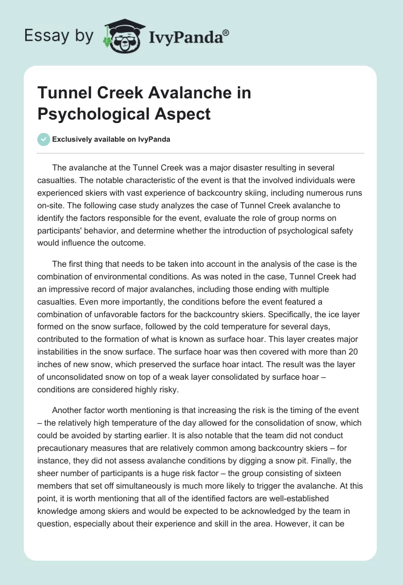 Tunnel Creek Avalanche in Psychological Aspect. Page 1