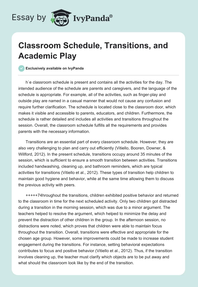 Classroom Schedule, Transitions, and Academic Play. Page 1