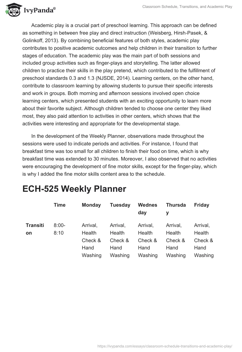 Classroom Schedule, Transitions, and Academic Play. Page 2