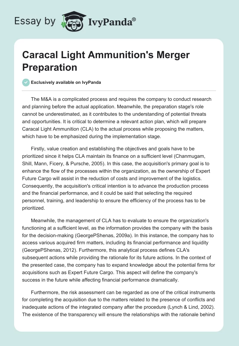 Caracal Light Ammunition's Merger Preparation. Page 1