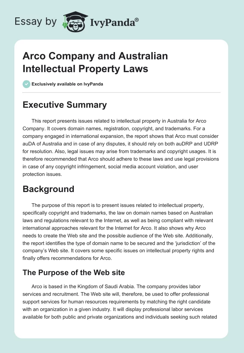 Arco Company and Australian Intellectual Property Laws. Page 1