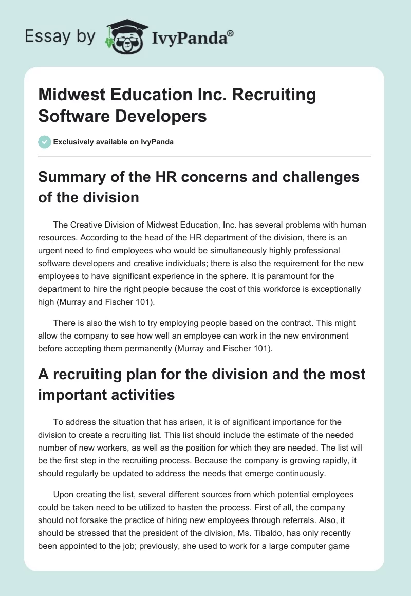 Midwest Education Inc. Recruiting Software Developers. Page 1