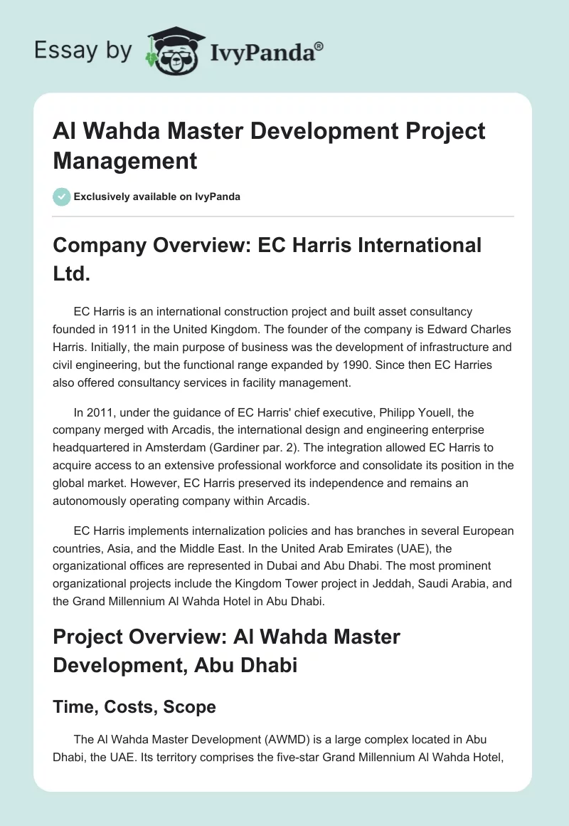 Al Wahda Master Development Project Management. Page 1