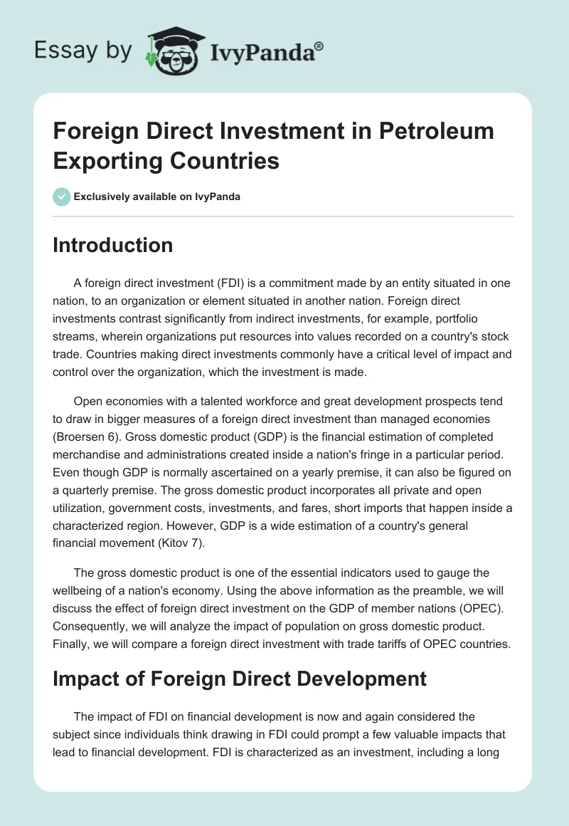 Foreign Direct Investment in Petroleum Exporting Countries. Page 1