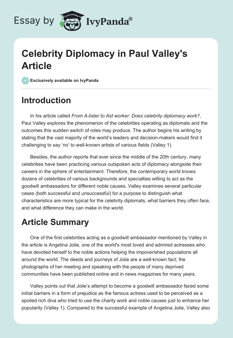 Celebrity Diplomacy in Paul Valley's Article. Page 1