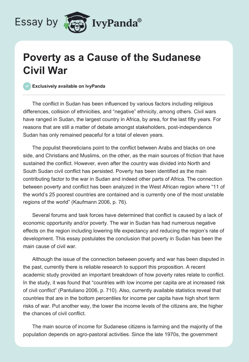 Poverty as a Cause of the Sudanese Civil War. Page 1