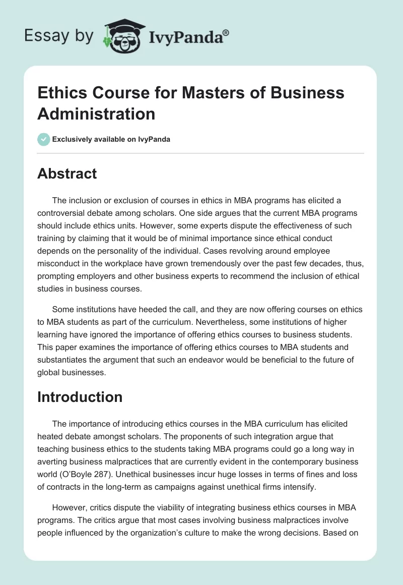Ethics Course for Masters of Business Administration. Page 1