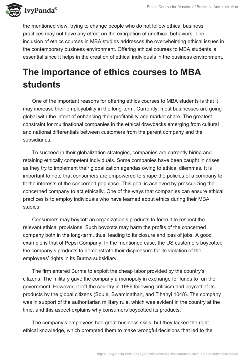 Ethics Course for Masters of Business Administration. Page 2