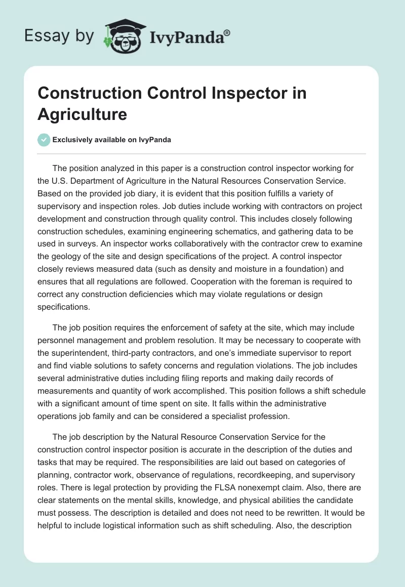 Construction Control Inspector in Agriculture. Page 1