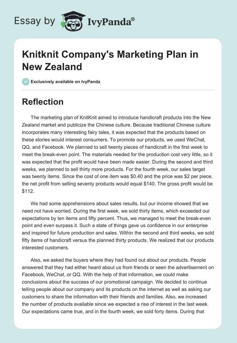 Knitknit Company's Marketing Plan in New Zealand. Page 1