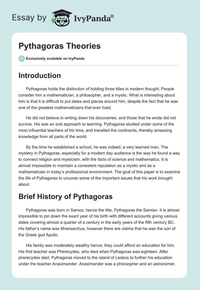 Pythagoras Theories. Page 1
