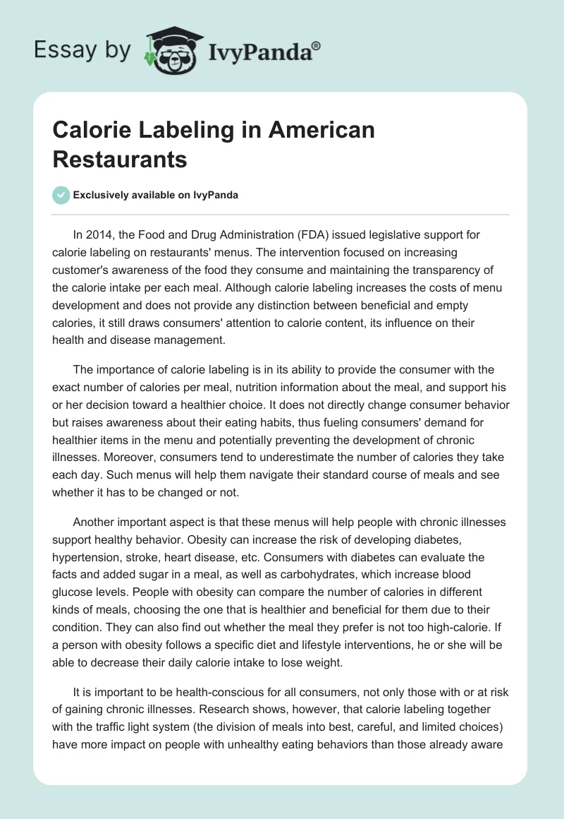 Calorie Labeling in American Restaurants. Page 1