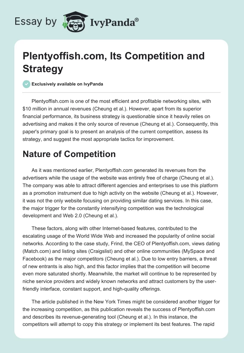 Plentyoffish.com, Its Competition and Strategy. Page 1