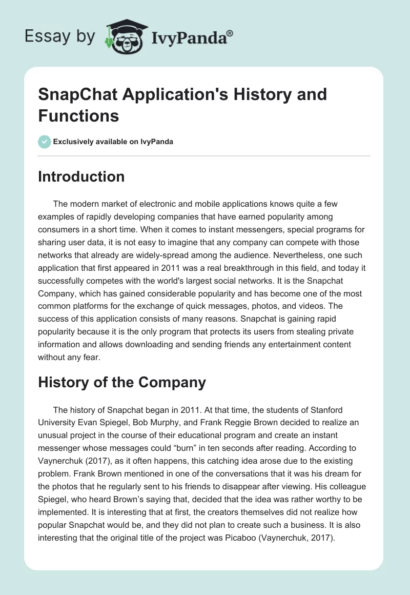 SnapChat Application's History and Functions. Page 1