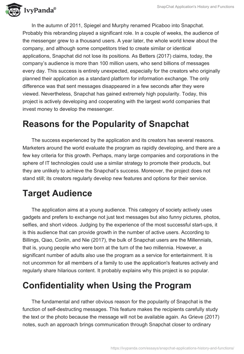 SnapChat Application's History and Functions. Page 2