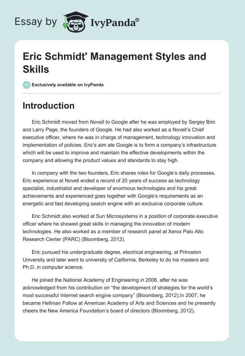 Eric Schmidt' Management Styles and Skills. Page 1