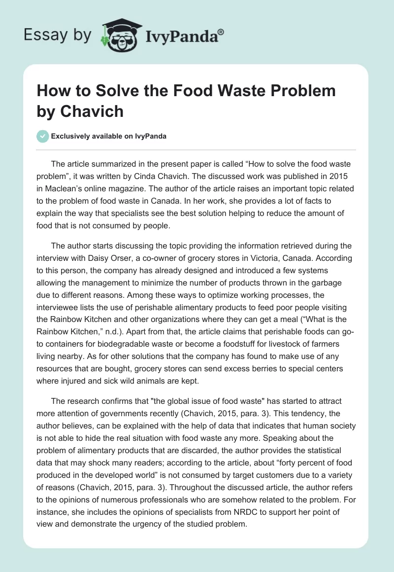 "How to Solve the Food Waste Problem" by Chavich. Page 1