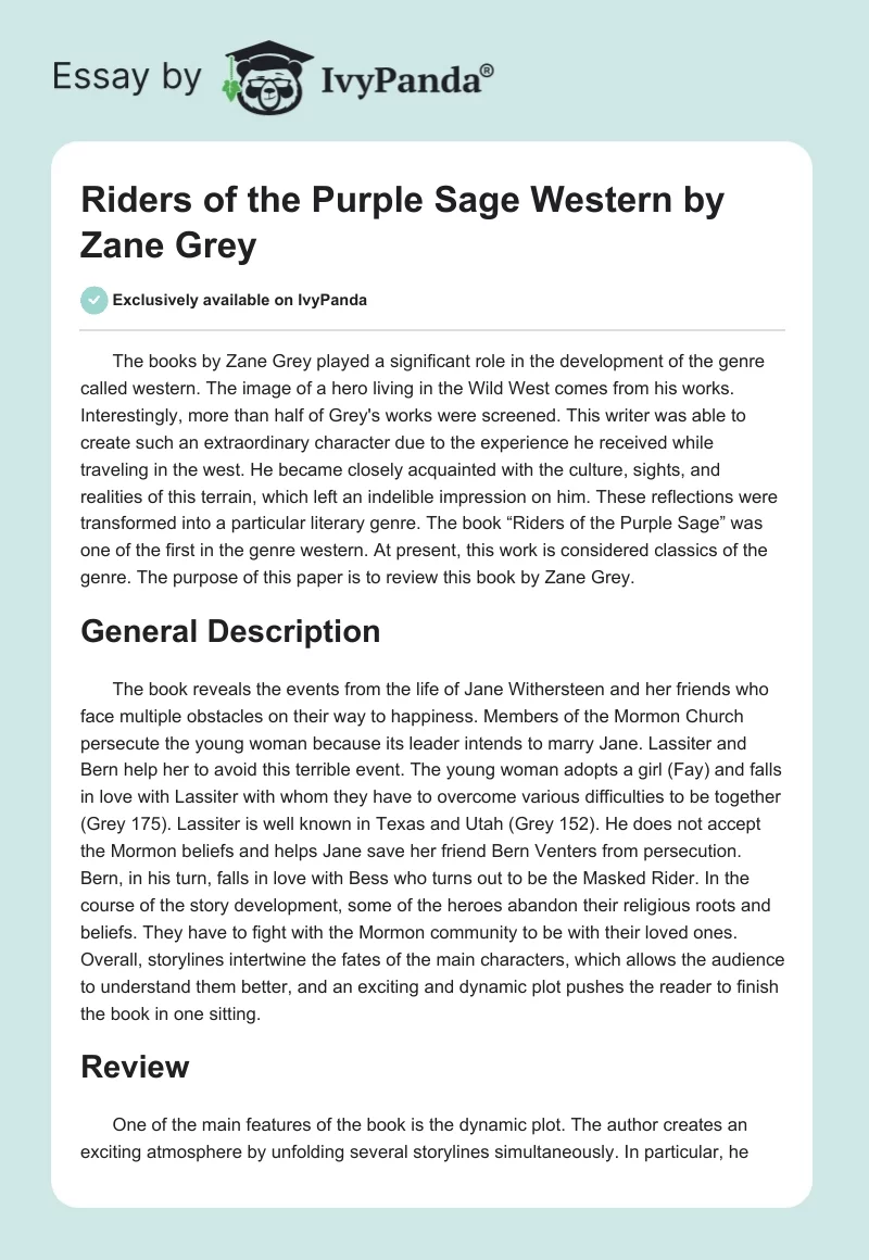 "Riders of the Purple Sage" Western by Zane Grey. Page 1