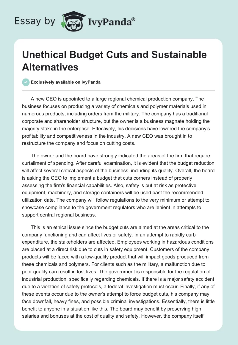 Unethical Budget Cuts and Sustainable Alternatives. Page 1