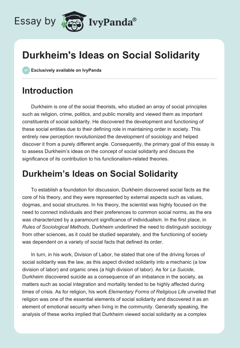 Durkheim's Ideas on Social Solidarity. Page 1