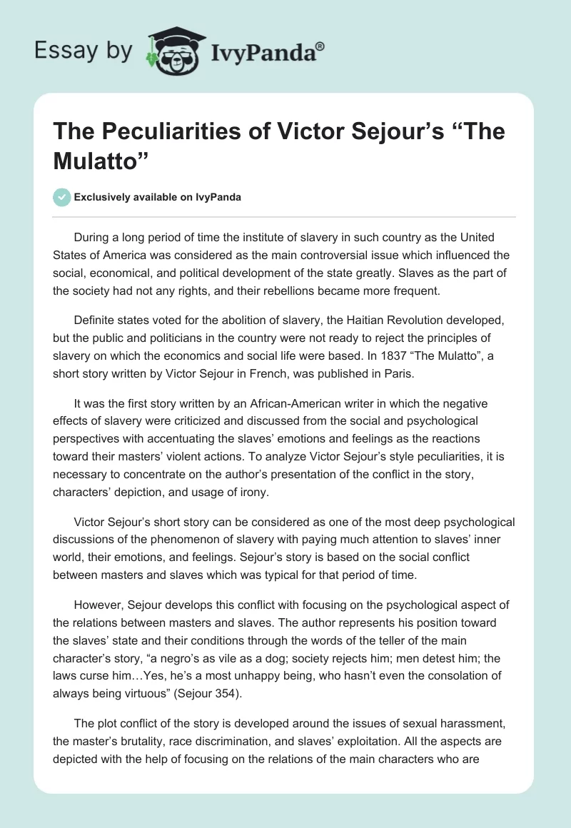 The Peculiarities of Victor Sejour’s “The Mulatto”. Page 1