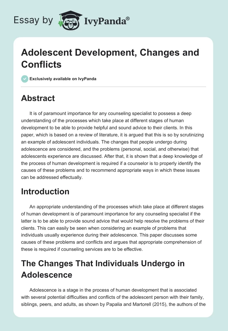 Adolescent Development, Changes and Conflicts. Page 1